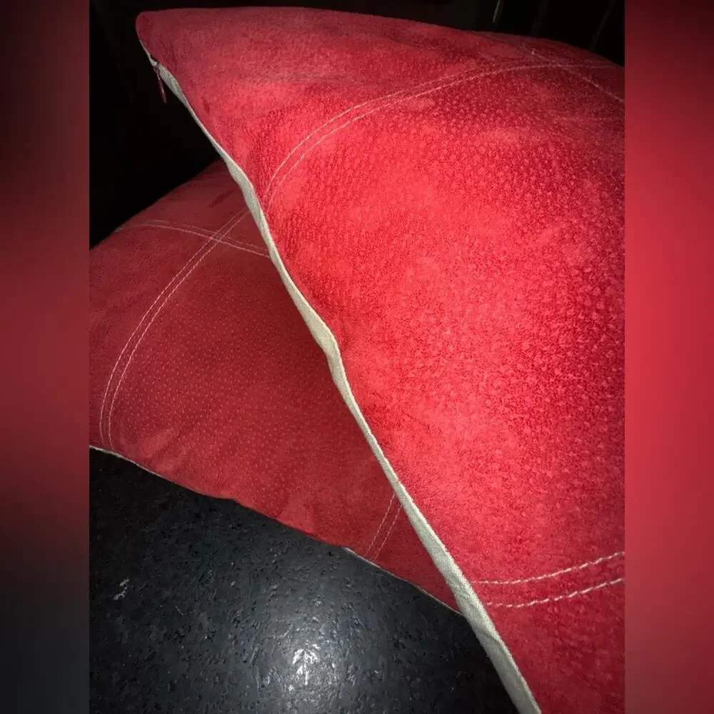 WOOLRICH RED GENUINE LEATHER SUEDE FEATHER INSERT LINEN BLEND BACK PILLOW SET
